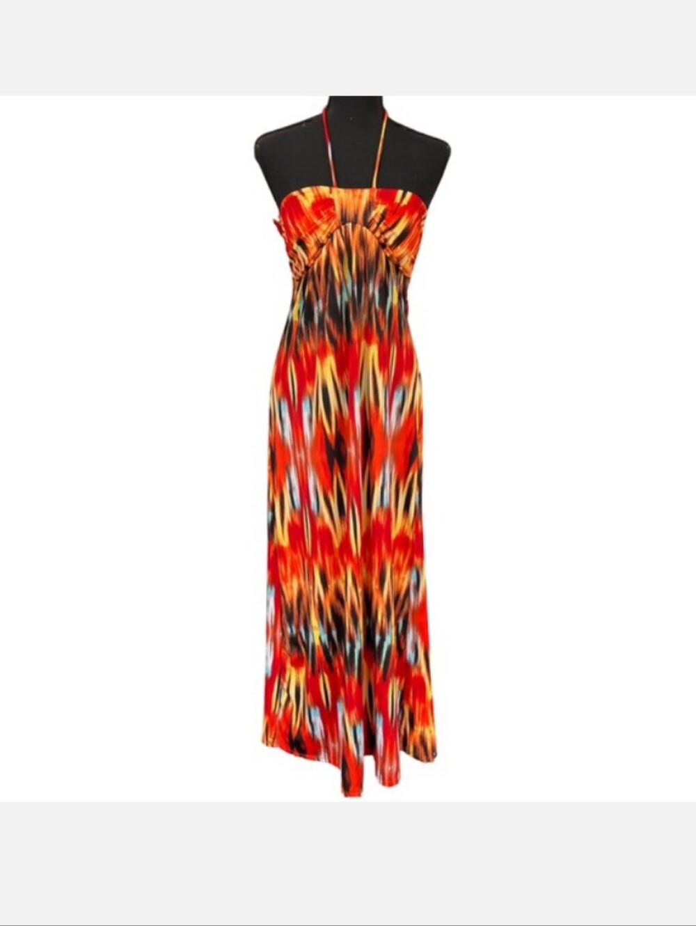Strapless Red Multi-Print Halter Maxi Dress